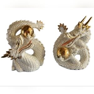 Yoshimi K Dragon White With Gold Ball (Hoju) Porcelain Figurines Ceramic (2)